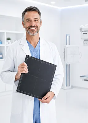 Doctor holding a digital X-ray panel